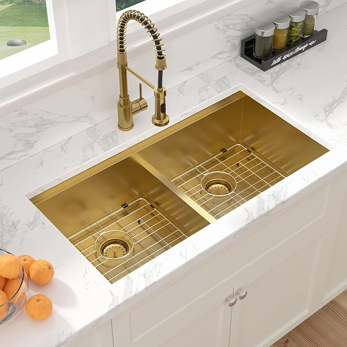 Sarlai 36 Inch Gold Undermount Kitchen Sink Double Bowl Large Workstation Sink Low Divided Gold Stainless Steel Sinks 16 Gauge 50/50 Sinks Double Basin