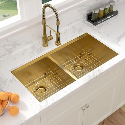 Sarlai 36 Inch Gold Undermount Kitchen Sink Double Bowl Large Workstation Sink Low Divided Gold Stainless Steel Sinks 16 Gauge 50/50 Sinks Double Basin