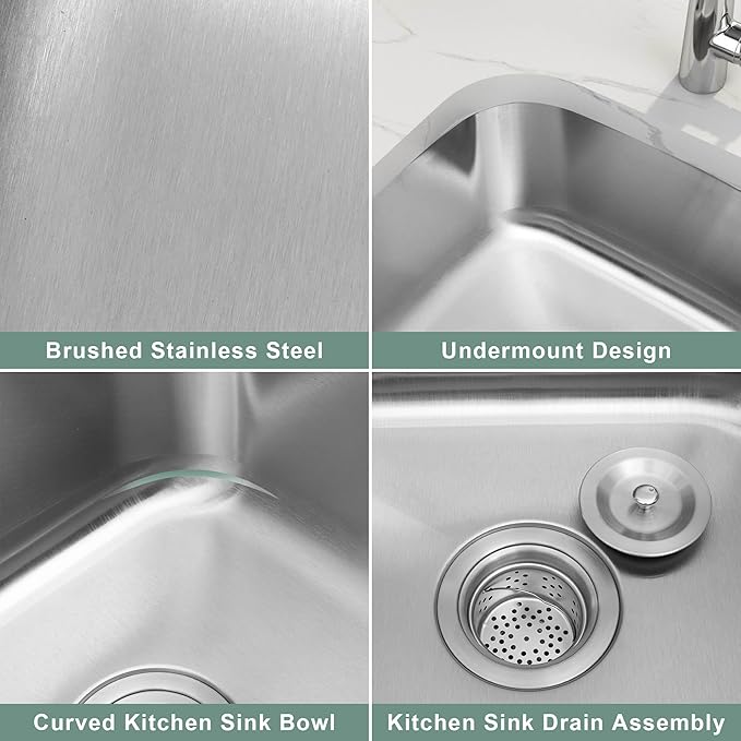 18 Inch Undermount Kitchen Sink, 18 x 16 x 8 Inch Stainless Steel Bar Sink Undermount Small Kitchen Sink RV Round Corner Sinks with Drain Assembly