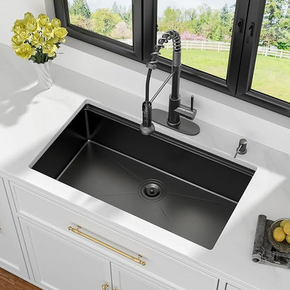 Kichae 33 Black Kitchen Sink Undermount - 33x19 Undermount Kitchen Sink Ledge Workstation 16Gauge Stainless Steel Gunmetal Black Deep Handmade Single Bowl Basin Round Corner