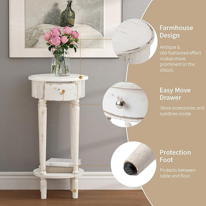 SUNBURY 28" H Tall End Table with Drawers & Lower Shelf, Round Nightstand Set of 2, Accent Side Table for Living Room, Bedroom, Small Spaces (White)