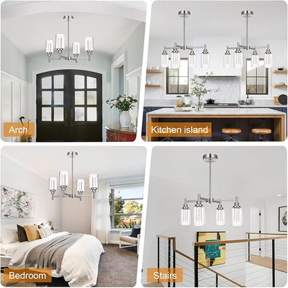 VINLUZ LED 4-Light Brushed Nickel Chandelier for Dining Room, Modern Farmhouse Chandelier with Clear Bubble Crystal Glass Shades, Ceiling Pendant Light with Adjustable Swivel Heads for Kitchen Hallway