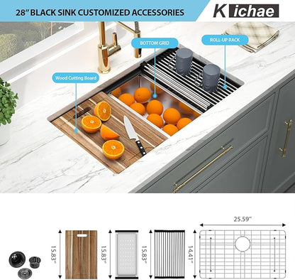 Kichae 28 Black Kitchen Sink Undermount Workstation - 28x18 Gunmetal Black Stainless Steel Undermount Kitchen Sink 16 Gauge Deep Single Bowl Basin Round Corner