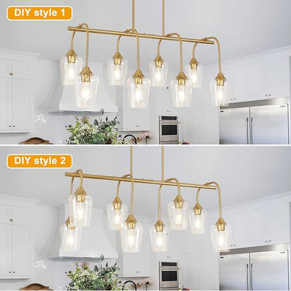 Dining Room Light Fixture/Chandelier Over Table (38inch, 8-Light), Brushed Gold Kitchen Island Lighting with Clear Glass Shade, Modern Hanging Pendant Lights Fixture for Kitchen Island, Dining Room