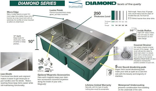 Transolid DUSSF302210 Diamond Apron-Front Single Bowl 16-Gauge Stainless Steel Kitchen Sink, 30-in x 22-in x 10-in, Brushed Finish