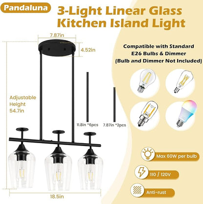 3-Light Pendant Lights Kitchen Island Lighting Fixtures Black Linear Chandelier Dining Room Light Fixture Ceiling Hanging Modern Kitchen Chandeliers Over Table with Clear Glass Shades