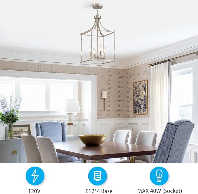XINGQI Farmhouse Brushed Nickel Chandeliers for Dining Room, Geometric 4 Light Hanging Lantern Pendant Light Fixture for Staircase Foyer Kitchen Island Dinning Room Living Room