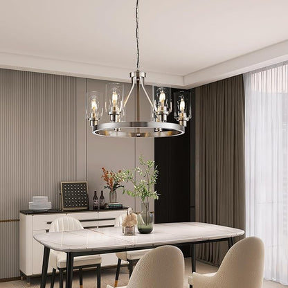 Lanhall 6-Light Modern Dining Room Light Fixture Brushed Nickel Kitchen Chandelier Ceiling Hanging Pendant Lighting with Glass Shade for Living Room Bedroom Entryway Adjustable Height Metal E26
