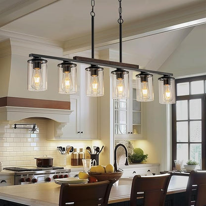 40.15'' Large Dining Room Chandelier Over Table, 6-Light Farmhouse Dining Room Light Fixture Kitchen Island Lighting, Wood Island Lights Black Farmhouse Chandeliers for Dining Room with Glass Shades