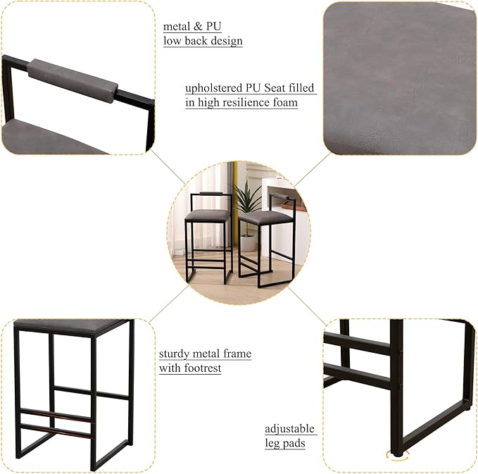 Set of 2 Counter Height Barstools Kitchen Island Stools with Back Modern Armless Metal Legs & PU Upholstered Chairs