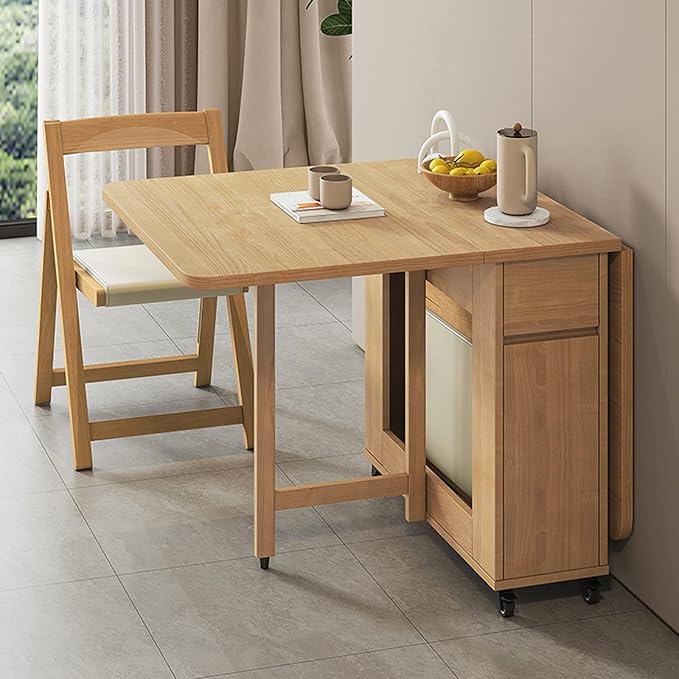 Solid Wood Extendable Dining Table with Storage Drawer Space Saving Folding Drop Leaf Table for Kitchen Dining Room
