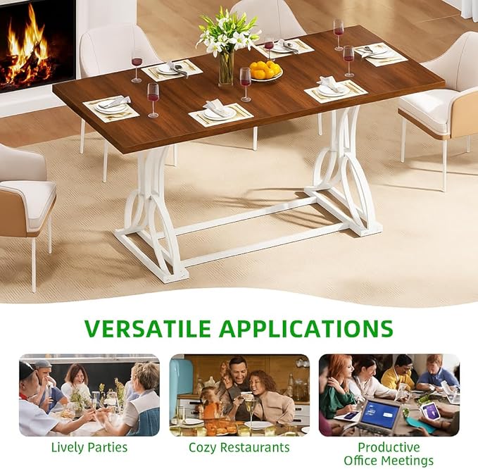 YITAHOME 70.3 Inch Modern Minimalist Dining Table for 6-8, Sturdy Wooden Table with Geometric White Metal Legs, for Dining Room, Kitchen, Conference Room
