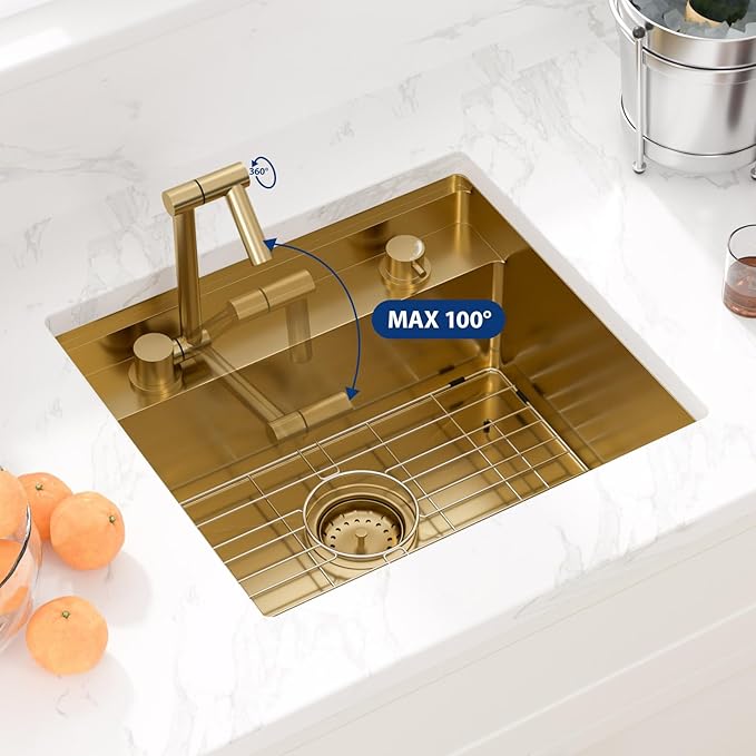 Sarlai Gold Undermount Bar Sink - 21x19 Inch Outdoor Kitchen Sink RV Workstation Gold 16 Gauge Stainless Steel Single Bowl Handmade Outdoor BBQ Sinks With Foldable Faucet