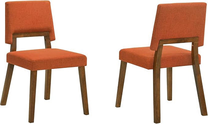 Armen Living Channell Wood Dining Chair in Walnut Finish with Orange Fabric - Set of 2