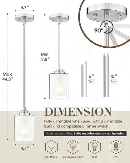 TENGXIN Modern Pendant Light,Brushed Nickel Modern Pendant Light for Kitchen Island,Hanging Ceiling Light Fixture,Farmhouse Pendant Lighting for Dining Room Bedroom Bar Office 2Pack,TXPLBN02-2PK