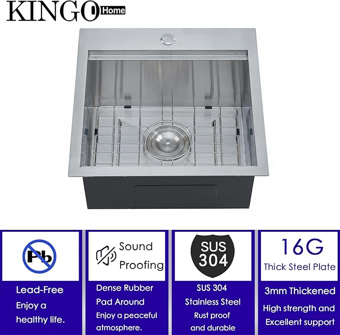 KINGO HOME 18" Drop in Workstation Bar Sink, 18" x 18" x 9" Single Bowl Small Kitchen Camper Sink,304 Stainless Steel Topmount Outdoor Wet Bar Sinks Prep Sinks