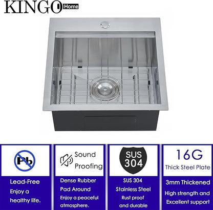 KINGO HOME 18" Drop in Workstation Bar Sink, 18" x 18" x 9" Single Bowl Small Kitchen Camper Sink,304 Stainless Steel Topmount Outdoor Wet Bar Sinks Prep Sinks