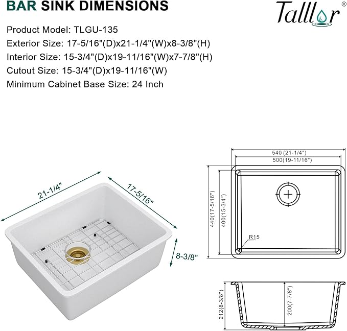 21 Inch White Undermount Bar Sink - Granite Composite Single Bowl Classic Quartz Wet Prep Sink for RV, Kitchen Bar, Boat, and Outdoor #TLGU-135