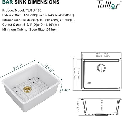 21 Inch White Undermount Bar Sink - Granite Composite Single Bowl Classic Quartz Wet Prep Sink for RV, Kitchen Bar, Boat, and Outdoor #TLGU-135