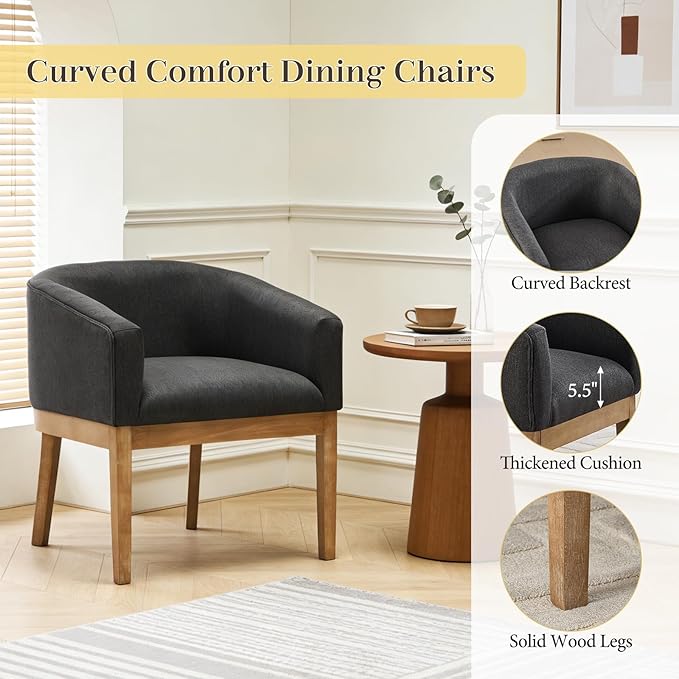 Barrel Dining Chairs Set of 4, Mid Century Modern Farmhouse Kitchen Chairs with Wood Legs, Linen Upholstered Accent Chair with Arms for Living Room/Bedroom, Grey
