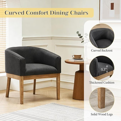 Barrel Dining Chairs Set of 4, Mid Century Modern Farmhouse Kitchen Chairs with Wood Legs, Linen Upholstered Accent Chair with Arms for Living Room/Bedroom, Grey