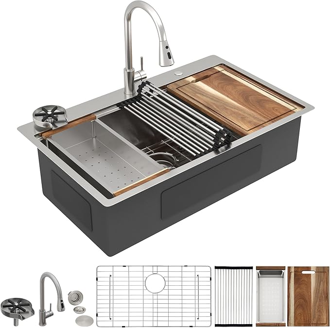 36"x22" Drop In Ledge Workstation Kitchen Sink – 16 Gauge 304 Stainless Steel Top Mount Overmount Single Bowl Sink Basin with Faucet Combo & Glass Rinser