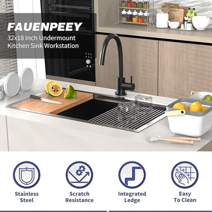 Black Kitchen Sink Workstation,32"x18" Stainless Steel Undermount Single Bowl Sink Built-in Ledge Drop In Workstation Sink Design For Placing/Sliding Accessories-Cutting Board,Drying Rack