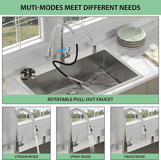33 Drop In Kitchen Sink - Beslend 33x22 Kitchen Sink Drop In with Pull-Out Faucet, Stainless Steel Sinks and Soap Dispenser Topmount 16 Gauge Single Bowl Above Counter Dish Basin 9" Deep