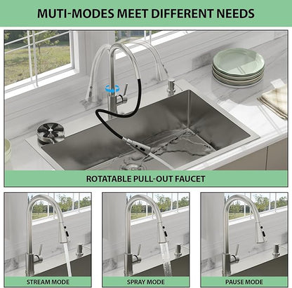 33 Drop In Kitchen Sink - Beslend 33x22 Kitchen Sink Drop In with Pull-Out Faucet, Stainless Steel Sinks and Soap Dispenser Topmount 16 Gauge Single Bowl Above Counter Dish Basin 9" Deep