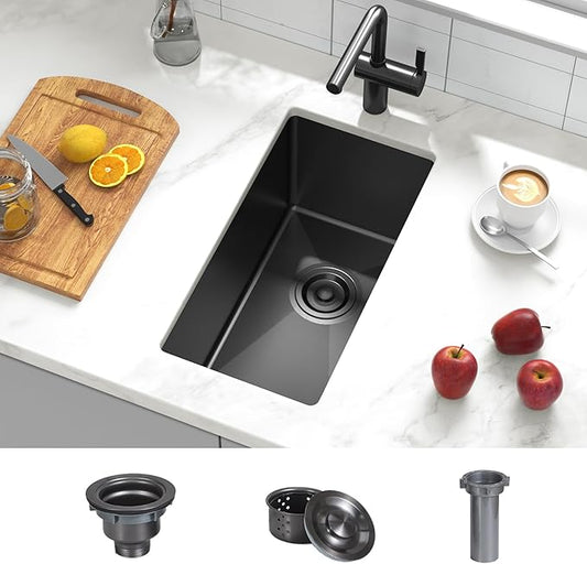 Undermount Wet Bar Sink, 10 x 18 Inch Small Bar Sink Black 18 Gauge T304 Stainless Steel Single Bowl RV Sink with Strainer