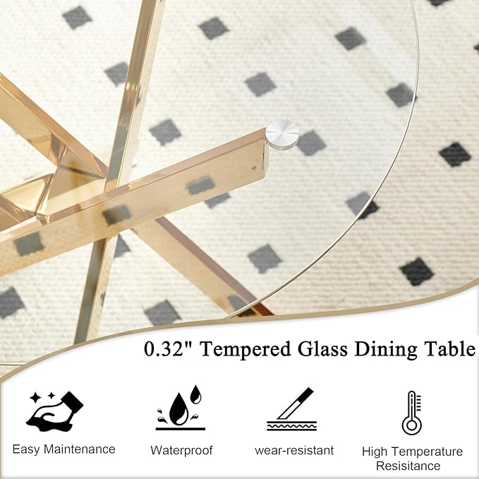Round Dining Table, 36 Inch Glass Kitchen Table for 4 People, Tempered Glass Dinner Room Table with Gold X Metal Legs, Modern Circle Small Coffee Table for Home Dining Room Kitchen Restaurant
