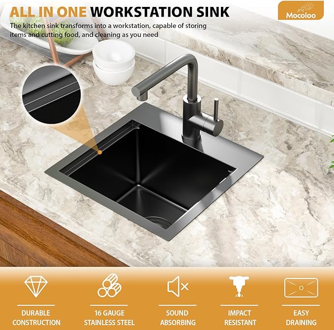 Mocoloo 15 Inch Black Bar Sink with Faucet, 16 Gauge Drop in Workstation Sink - 15x15x9" Stainless Steel Single Bowl Small Rv Kitchen Sink with Pull-Out Faucet