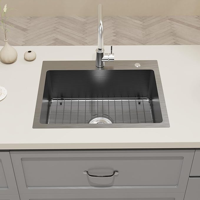 22" x 18" Drop in Kitchen Sink 304 Stainless Steel Single Bowl Topmount Bar Sink with Drain Kit and Bottom Grid, Black
