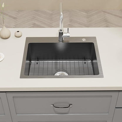 22" x 18" Drop in Kitchen Sink 304 Stainless Steel Single Bowl Topmount Bar Sink with Drain Kit and Bottom Grid, Black