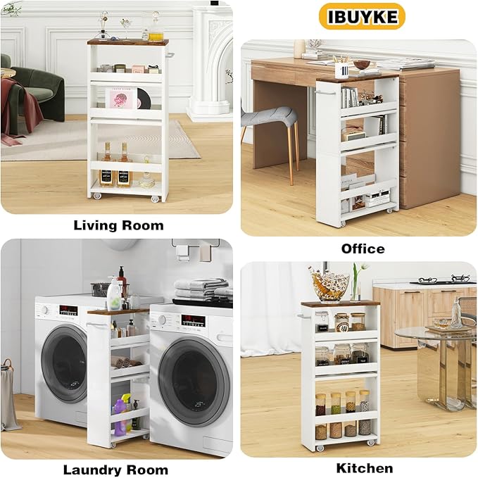 IBUYKE Slim Storage Cart, 4-Tier Skinny Rolling Cart, 5.9" Narrow Utility Trolley with Handle & Lockable Wheels,Thin Shelf for Kitchen, Laundry Room, Bathroom, Small Spaces,Space-Saving WST005W