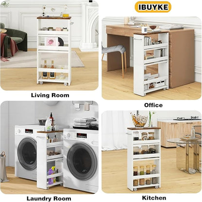 IBUYKE Slim Storage Cart, 4-Tier Skinny Rolling Cart, 5.9" Narrow Utility Trolley with Handle & Lockable Wheels,Thin Shelf for Kitchen, Laundry Room, Bathroom, Small Spaces,Space-Saving WST005W