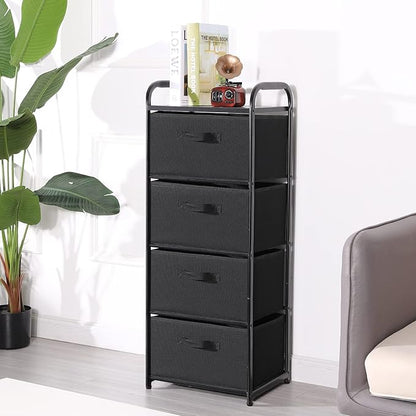 MAX Houser 4 Drawer Fabric Dresser Tall Storage Tower, Dresser Chest with Wood Top, Vertical Nightstand Side Organizer Unit with Metal Frame for Closets Bedroom Nursery Room Hallway(Black)