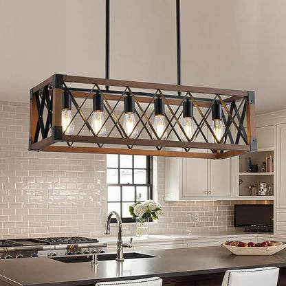Dining Room Light Fixture/Chandelier Over Table,Matte Black Rustic Wood Ceiling Pendant Light,6-Light Kitchen Island Lighting Fixtures, Linear Farmhouse Chandeliers for Dining Room,Kitchen Island
