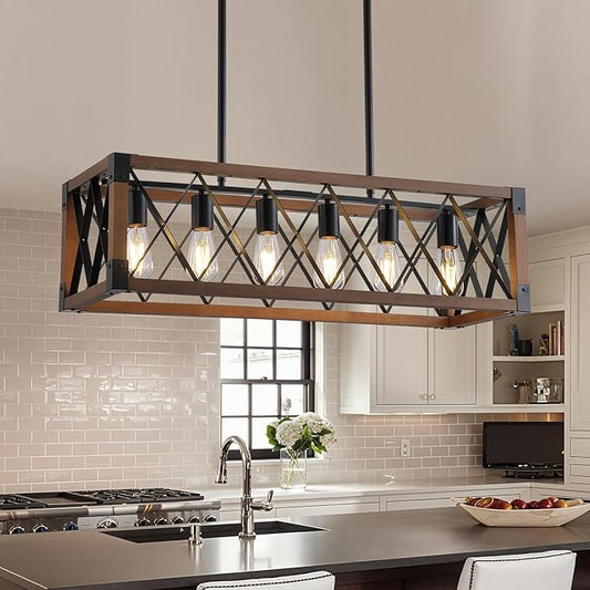Dining Room Light Fixture/Chandelier Over Table,Matte Black Rustic Wood Ceiling Pendant Light,6-Light Kitchen Island Lighting Fixtures, Linear Farmhouse Chandeliers for Dining Room,Kitchen Island