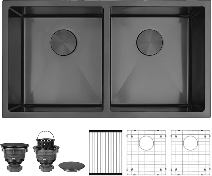 LQS Black Undermount Kitchen Sink 32 Inch, Black Kitchen Sink Undermount 32" x 18", 50/50 Double Bowl 16 Gauge Stainless Steel Sinks with Roll-up Dying Rack and Accessories, R10 Round Corner