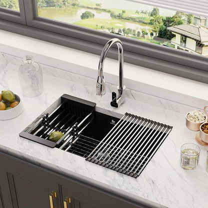 30-inch Granite Composite Kitchen Sink, GABETLET Undermount Quartz Kitchen Sinks with Spacious Workspace and Easy Cleaning, Black Single Bowl Deep Sink with Complete Accessories