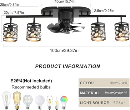 Garwarm Ceiling Fans with Lights and Remote,39.3" Kitchen Ceiling Fan,360° Rotatable Lampheads Bladeless Black Fandelier Flush Mount Ceiling Fans for Bedroom Dining Room Living Room（6 Speed, Timing）