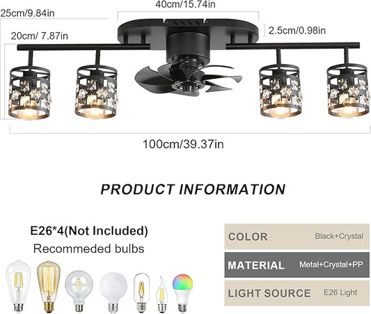 Garwarm Ceiling Fans with Lights and Remote,39.3" Kitchen Ceiling Fan,360° Rotatable Lampheads Bladeless Black Fandelier Flush Mount Ceiling Fans for Bedroom Dining Room Living Room（6 Speed, Timing）