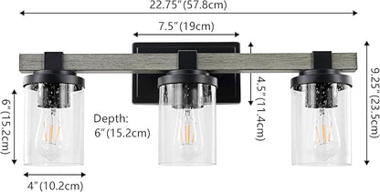 JONATHAN Y 22.75" Black/Gray Oak Wood Finish LED Vanity Light, Rustic Farmhouse Sconce, Clear Seeded Glass Shade, Industrial Wall Lamp for Bathroom Mirror, Kitchen Sink, LED Bulb (JYL7509B)