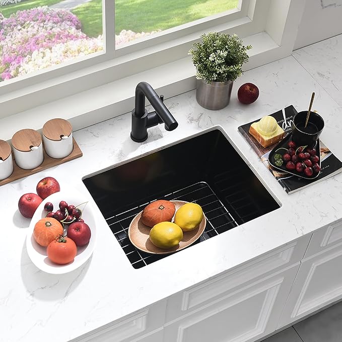 24 Inch Undermount Black Kitchen Sink-Bokaiya 24x19 Inch Undermount Wet Bar Sink Quartz Matte Black Small Outdoor Rv Kitchen Sink Granite Composite Single Bowl Kitchen Sink