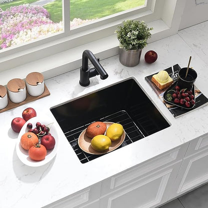 22 Inch Black Undermount Bar Sink with Faucet, 22x17 Inch Undermount Wet Bar Sink Granite Composite Single Bowl Quartz Outdoor Kitchen Sink, Heavy Durable Basin for Home