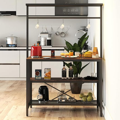 3-Tier Kitchen Island Table with Storage Shelves & Hooks - Walnut Finish