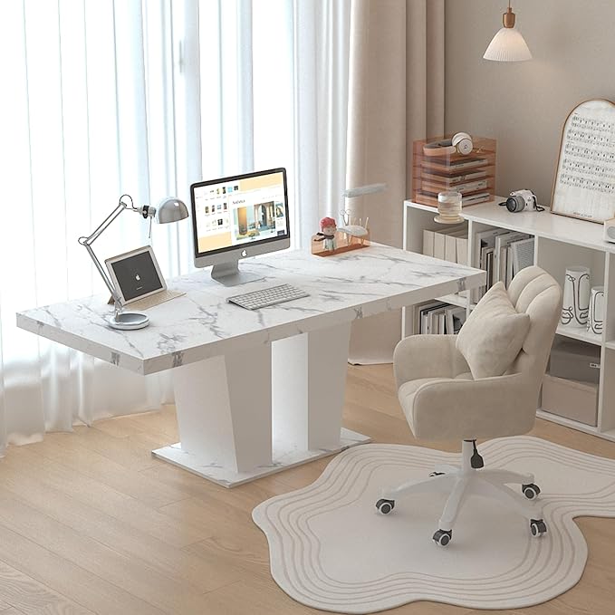 63" - 79" Extendable Dining Room Table, Expandable Kitchen Table for 6 to 10 People, Modern Wood Conference Table, Large Dining Table(Faux White Marble, Pedestal Base B)