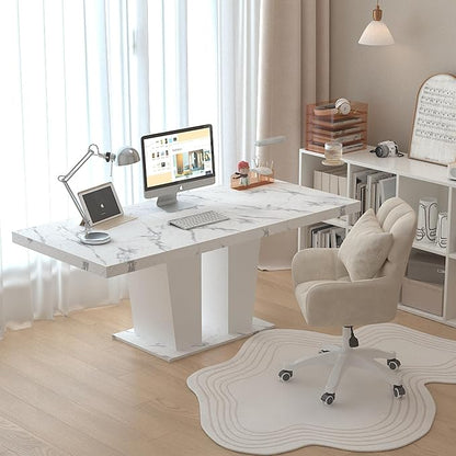 63" - 79" Extendable Dining Room Table, Expandable Kitchen Table for 6 to 10 People, Modern Wood Conference Table, Large Dining Table(Faux White Marble, Pedestal Base B)