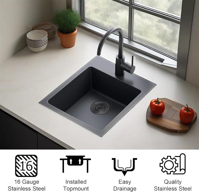 IKEBANA 15x17 Inch Black Bar sink, Drop in Stainless Steel Small Kitchen Sink, Topmount Single Bowl Sinks for Wet Bar RV Outdoor Prep Laundry